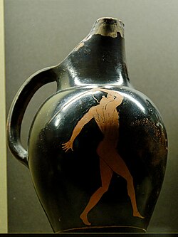 A depiction of a javelin thrower on an ancient Greek vase, ca. 450 BC. Attributed to the painter of the Brussels Oinochoes.