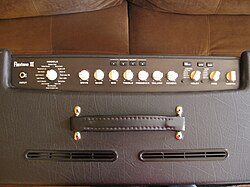 A Line 6 modeling amplifier shown from above. Note the various amplifier and speaker emulations selectable via the rotary knob on the left.