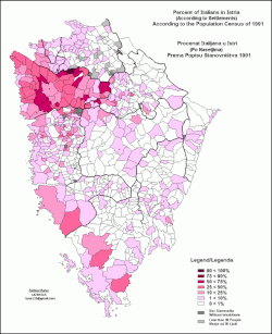 Percent of inhabitants with Italian native tongue in Croatia's and Slovenia's Istria