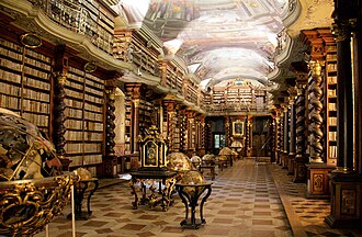 Baroque library hall in Clementinum, which originally belonged to the university, today part of National Library of the Czech Republic
