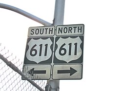 Pennsylvania Route 611 was known as US 611, but was downgraded to a state route as it was entirely in Pennsylvania. This old US 611 sign, along the ramp from Cheltenham Avenue to PA 611 on the border of Philadelphia and Cheltenham, was still present in 2014, but has been removed as of 2022.
