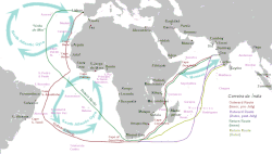 The Atlantic Gyres influenced the Portuguese discoveries and trading port routes, here shown in the India Run ("Carreira da Índia"), which would be developed in subsequent years.