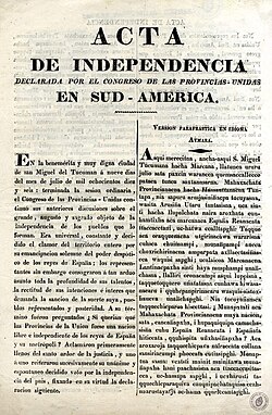 Declaration of Independence of the United Provinces of South America (present-day Argentina) in Spanish and Aymara
