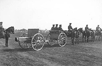 A horse drawn Schneider 75mm cannon. In 1915, the Bulgarian Army had 428 quick-firing 75 mm field guns.[77]