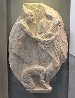Relief depicting the manumission of two slaves, with pileus hats (1st century BC, Musée royal de Mariemont, Belgium.