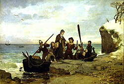 Pilgrims landing at Plymouth Rock in Plymouth, Massachusetts, in 1620