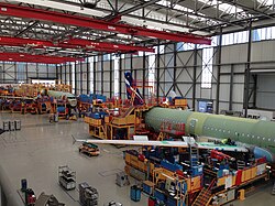 An Airbus A321 on final assembly line 3 in the Airbus Hamburg-Finkenwerder plant.