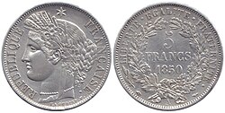 5 francs, 1850. French Second Republic. 900 fine silver.