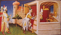 Hulegu (left) imprisons the Caliph among his treasures to starve him to death. Medieval depiction from "Le livre des merveilles", 15th century.