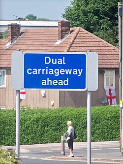 Sign informing motorists of an upcoming section of dual carriageway in Seacroft, Leeds