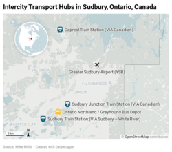 Intercity transport hubs in Sudbury, Ontario, Canada
