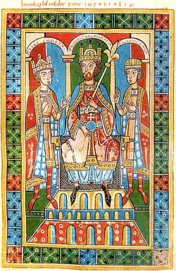 Frederick Barbarossa, middle, flanked by two of his children, King Henry VI (left) and Duke Frederick VI (right). From the Historia Welforum