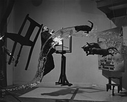 Dalí Atomicus, photo by Philippe Halsman (1948), shown before support wires were removed from the image