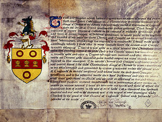 A grant of Arms for Henry Draper of Colnbrook in Berkshire, as issued by the Clarenceux King of Arms, Robert Cooke in 1571. The grant gave him the right to use the arms shown. The blazon reads: Golde, on a ffesse betwene thre Annulettes gules, thre standing cuppes of the felde.
