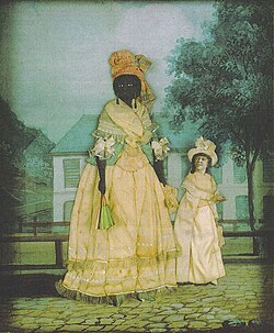 Free woman of color with mixed-race daughter; late 18th-century collage painting, New Orleans