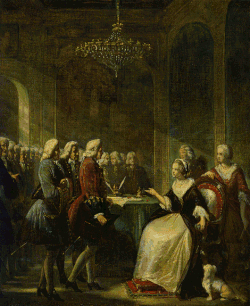 Christoffel Bisschop painting of Dutch merchants complaining to the regent Princess Anne about British seizures of Dutch merchantmen in 1758