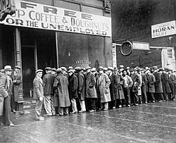 Unemployed men standing in line outside a depression soup kitchen in Chicago, 1931