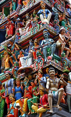 Ornate details on top of Sri Mariamman Temple in Chinatown district, Singapore's oldest Hindu temple since 1827