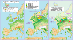 European coastline: modern (left), during the early Holocene (center) and during the Last Glacial Maximum (right)