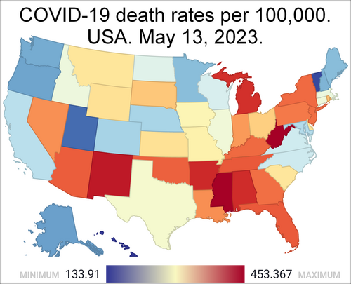 Map of cumulative COVID-19 death rates by U.S. state[9]