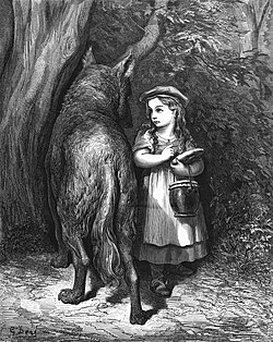 An illustration of Red Riding Hood meeting the wolf