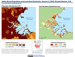 Greater Boston's 2010 population density and elevation above sea level