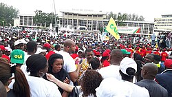 A pro-constitutional reform rally in Brazzaville during October 2015. The constitution's reforms were subsequently approved in a disputed election that saw demonstrations and violence.