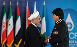 Morales with Iranian President Hassan Rouhani during the Third GECF summit.