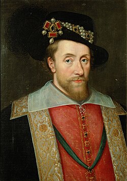 Portrait after John de Critz, c. 1605. James wears the Three Brothers jewel, three rectangular red spinels; the jewel is now lost.