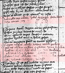 Possibly the oldest surviving Albanian text, highlighted in red, from the Bellifortis manuscript, written by Konrad Kyeser around 1402–1405.