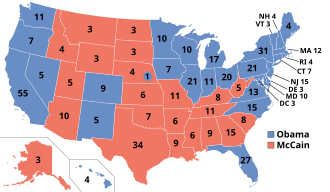 Results for the 2008 United States presidential election, depicting Obama winning many states in the Northeast, Midwest, and Pacific West, and Florida, and McCain winning many states in the South and Rocky Mountains.