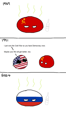A Polandball comic satirizing the collapse of the Soviet Union and the end of the Cold War.