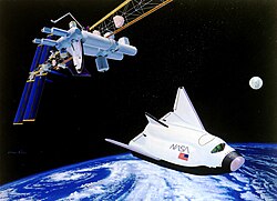 HL-20 depicted as leaving the planned Space Station Freedom