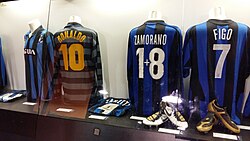 Figo's number 7 Inter jersey next to Ronaldo (number 10) and Zamorano (one plus eight) in the San Siro museum