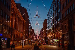 A Christmas-lit Alexander Street in Helsinki, Finland
