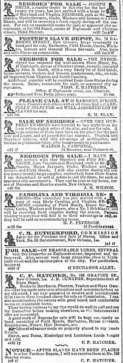 Newspaper listings for New Orleans slave depots at Barrone and Gravier Street, and at 54, 58, 68, and 78 Barrone represented but a slim fraction of the trade in the city[82] (New Orleans Crescent, January 10, 1861)