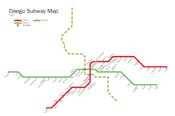Map of the rapid transit of Daegu. The red line is line 1, and the green is line 2.