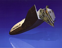 Conceptual depiction of the deorbital propulsion system (DPS) attached to the rear of a crew return vehicle. The DPS would fire its eight thrusters to slow the spacecraft to below orbital velocity in order to re-enter Earth's atmosphere.