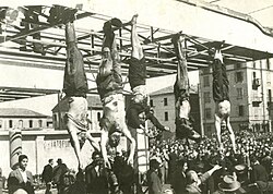 The dead body of Benito Mussolini, Claretta Petacci and other executed fascists on display in Milan