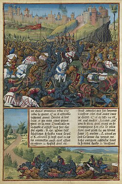 Nūr-ad-Din's victory at the Battle of Inab, 1149. Illustration from the Passages d'outremer, c. 1490.