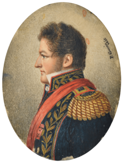 "Half length painted portrait of a man with curly auburn hair and sideburns facing left and wearing an elaborate military tunic embroidered in gold with heavy epaulettes, high embroidered collar and a red sash."