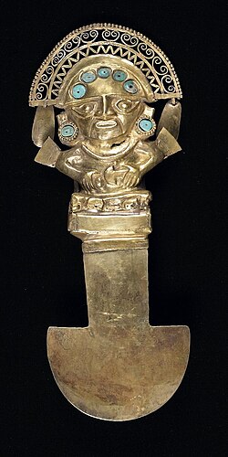 A ceremonial knife (tumi) from the Sican culture of Peru, dating between 900 and 1100 AD