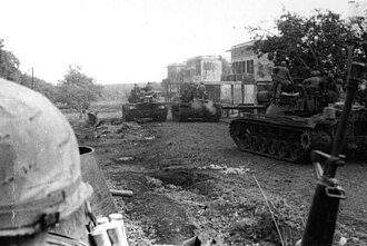American troops of the 11th Armored Cavalry enter Snuol, Cambodia, 4 May 1970.