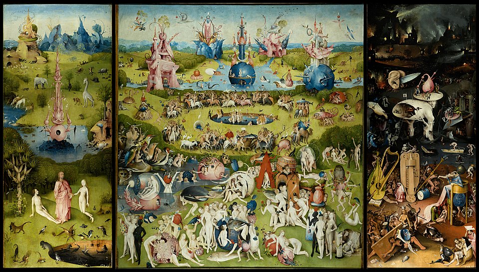 Hieronymus Bosch, The Garden of Earthly Delights, oil on oak panels, 205.5 cm × 384.9 cm (81 in × 152 in), Museo del Prado, Madrid