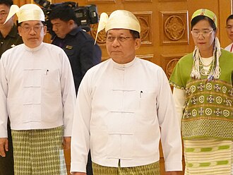 President Min Aung Hlaing (center) flanked by first and second vice-presidents, respectively, Nyo Saw (left) and Nan Ni Ni Aye (right) at the Pyidaungsu Hluttaw in 2026