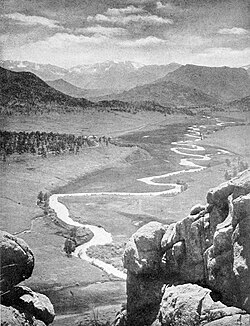 The Estes Valley photographed by Enos Mills from Mount Olympus in 1909.