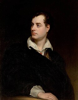Portrait of Lord Byron by Thomas Phillips, c. 1814. The Byronic hero first reached the wider public in Byron's semi-autobiographical epic narrative poem Childe Harold's Pilgrimage (1812–1818).