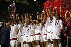 Milan captain Paolo Maldini lifting the European Cup after they won the 2002–03 UEFA Champions League