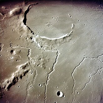 Photograph from the Apollo 15 command module Endeavour of the rilles in the vicinity of the crater Aristarchus on the Moon