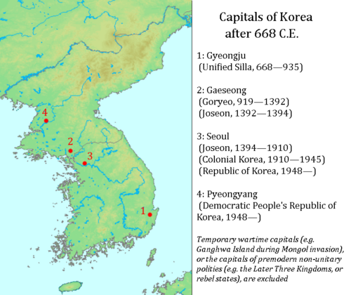 The historical capitals of Korea, including Gaegyeong and the Silla capital of Gyeongju